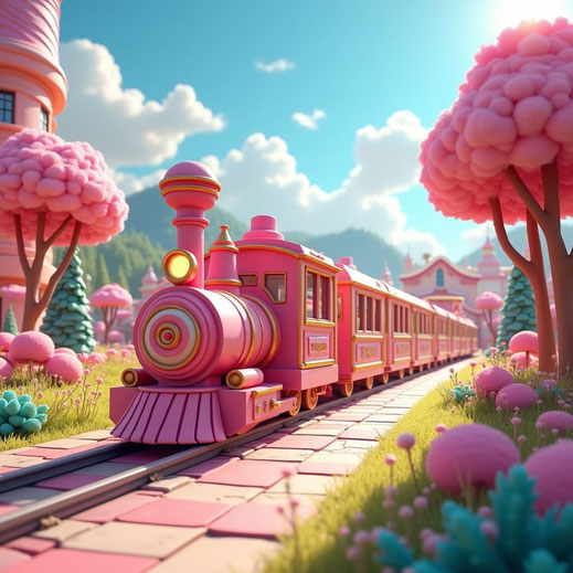 Märchenland mit Eisenbahn und einer Landschaft aus Zuckerwatte