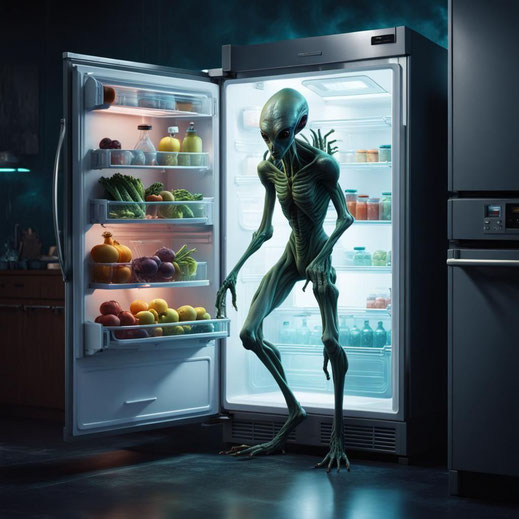 Comedian KI. Normalerweise öffnet man die Kühlschranktür und holt etwas heraus. Dieser Alien kommt aus dem Kühlschrank heraus. Was hat die KI sich dabei gedacht? 