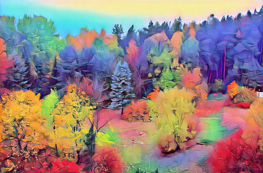 Das Foto eines Herbstwaldes wurde mit einem Grafikfilter bearbeitet. Bunte Farben beleben das Bild.