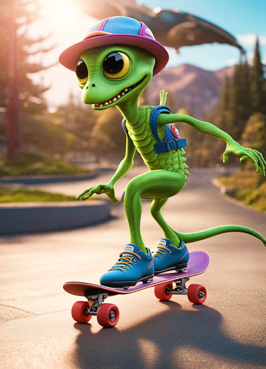 Reptiloider Alien beim skaten. Macht ihm offensichtlich Spaß.