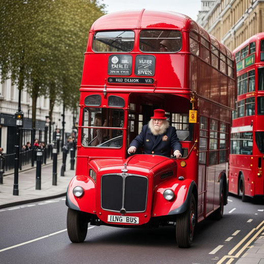 Ein roter Doppeldecker Bus aus der KI. Leider trägt der KI-Busfahrer nicht die angedachte Bärenfellmütze.