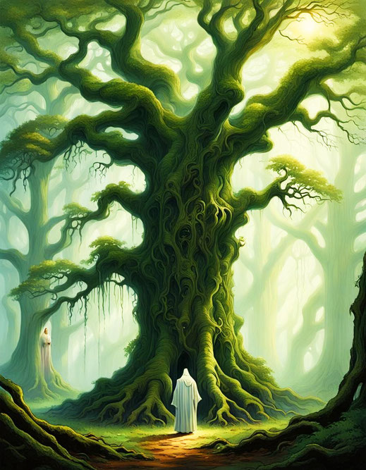 Ein Druide in weißem Gewand, er steht in einem Wald mit vielen grünen Bäumen, er schaut zu einer mächtigen Eiche auf,