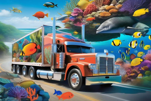Nach dem ursprünglichen prompt sollte ein klassischer US-Lastwagen ein Aquarium transportieren. Die KI hat die Meeresbewohner als fliegende Fische gleich in die Landschaft miteingefügt. 