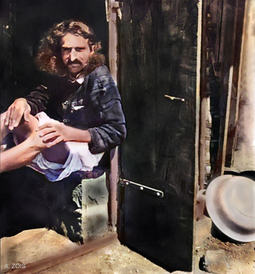Meher Baba taken in the doorway of the crypt-cabin in late 1927. Image rendition by Anthony Zois.