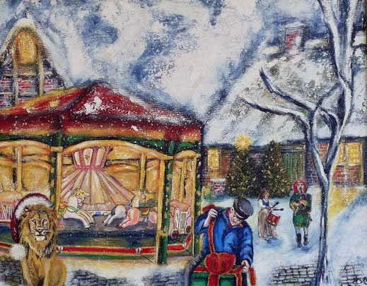 Kalender 2018, Winterliches Niedersachsenhaus mit Kinderkarussell © Ann-Kristin-Steiniger