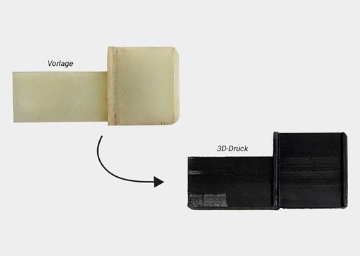 Ein Bauteil in weiß über dem "Vorlage" steht. Von dort geht ein Pfeil auf das gleiche Bauteil in schwarz. Über ihm dem "3D-Druck" steht.