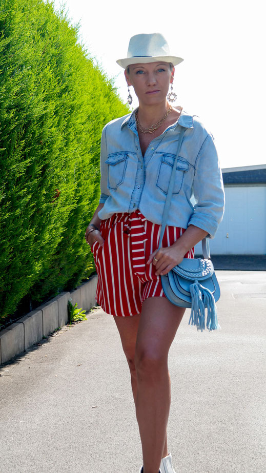 Denim Shirt, Paperbag Short & Hat Früher gingen feine Damen nicht ohne Hut aus dem Haus, heute ist das eher undenkbar! Das Trend Accessoire Hut ist leider derart selten geworden, dass man heutzutage Styling Tipps beim Outfit braucht | Hot Port Life & Style | Deutscher Mode & Lifestyle Blog