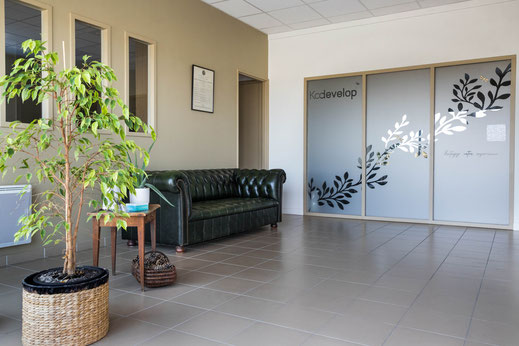 Hall entrée de kodevelop avec canapé vert et plantes vertes