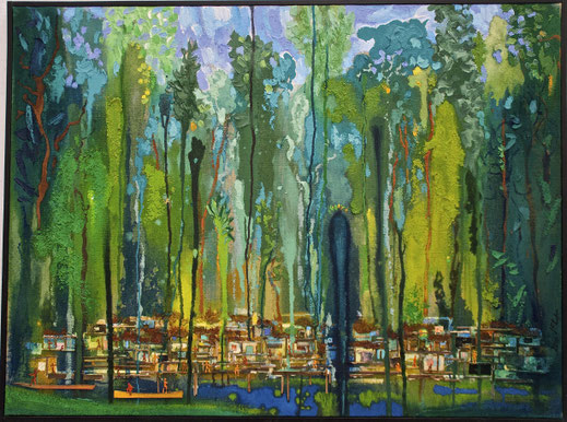 forêt, village, Amazonie, tropical, cabanes, cases, tribu, peinture, art contemporain, tableau, Lesenfans