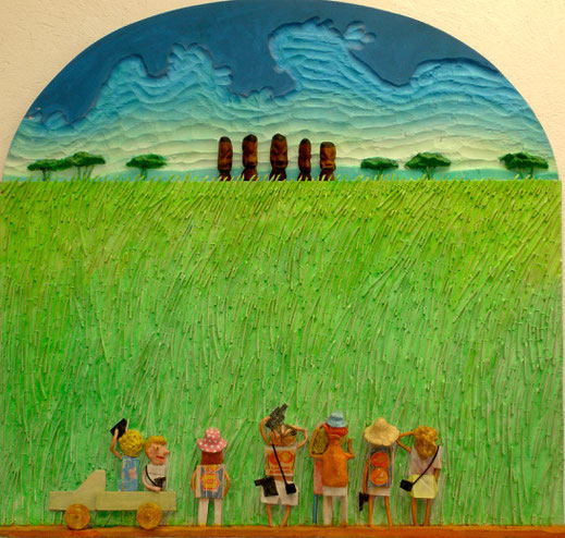 savane, touristes, afriques, masque africain, prairie, herbe, tableau, peinture, art, Lesenfans