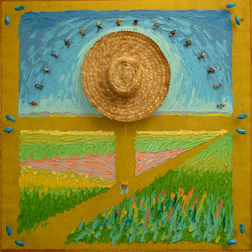 chapeau de paille, champs, berger, éleveur, prairie, culture, fleurs, insecte, tableau, peinture, art contemporain, Lesenfans