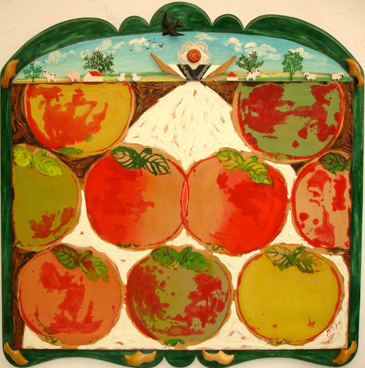 pomme, campagne, bergère, fermière, pompiers, peinture, art contemporain, Lesenfans, tableau