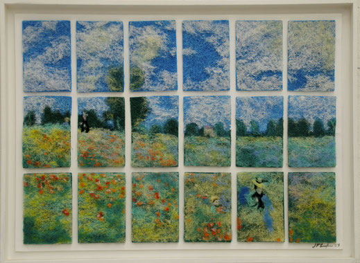 tampon, éponge, ménage, vaisselle, peinture, art, champs, coquelicot, Monet, fleurs, femme, chapeau, campagne