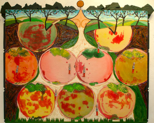 pomme, campagne, bergère, fermière, pompiers, peinture, art contemporain, Lesenfans, tableau