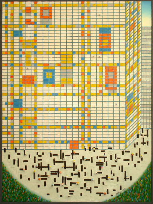 Mondrian, immeuble, peinture, art contemporain, building, Lesenfans, tableau, herbe