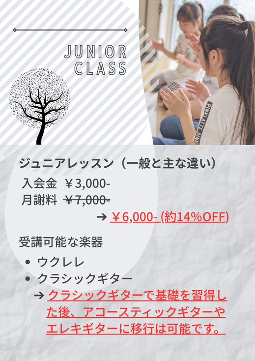 月謝料や受講可能な楽器の違いを記した画像