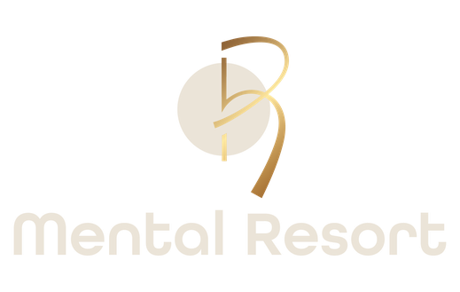 Logo Mental Resort. Beiger Punkt mit goldenen PH Buchstaben darauf. Darunter steht Mental Resort in geschwungener Schrift.