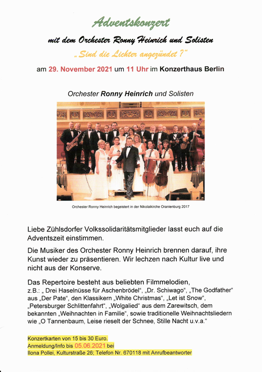 Adventskonzert mit dem Orchester Ronny Heinrich und Solisten am 29. November 2021