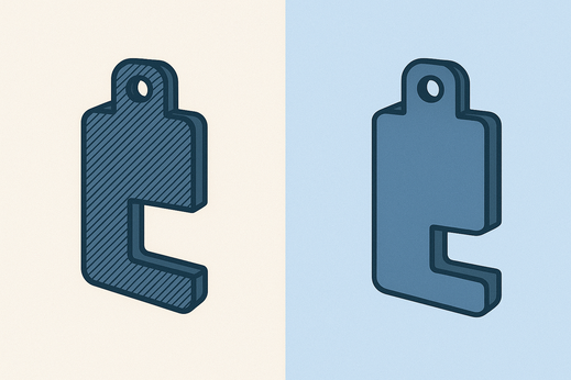 Illustration der Kälin Plastik AG: Links ein 3D-gedrucktes Musterteil mit Schichtlinien, rechts ein glattes Spritzgussteil – Symbol für Prototypenfertigung und Serienreife.