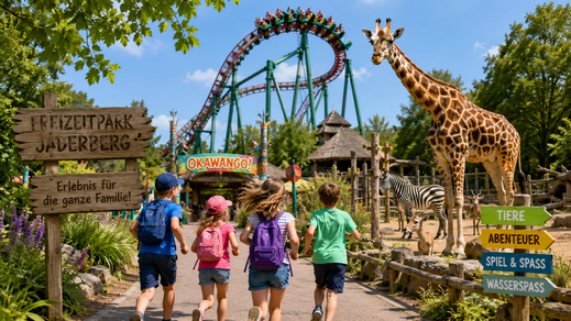 Vier Kinder laufen bei sonnigem Wetter auf ein Gehege mit einer Giraffe und einem Zebra zu. Im Hintergrund ist eine Achterbahn zu sehen.