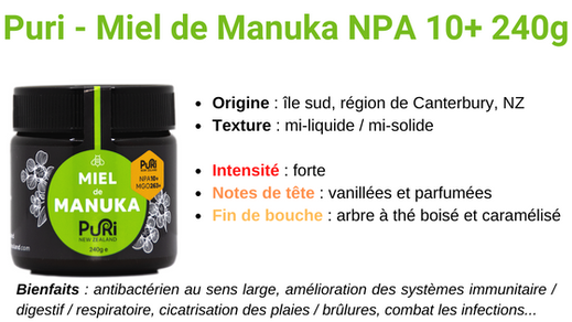 Puri - Miel de Manuka NPA 10+ Puri New Zealand 240g description, intensité, note de tête, fin de bouche