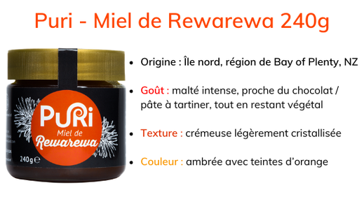Miel de Rewarewa 240g description origine Bay of Plenty - Puri New Zealand