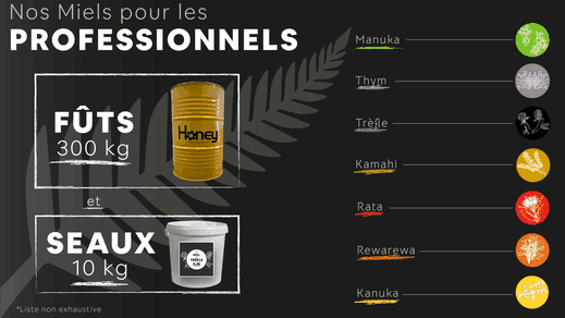 Miels pour les professionnels fûts de 300kg et seaux de 10kg Puri New Zealand Manuka, Thym, Trèfle, Kamahi, Rata, Rewarewa, Kanuka