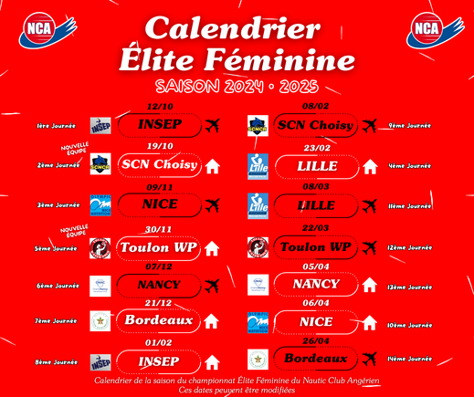 Calendrier Nationale 1 Féminine saison 2024/2025
