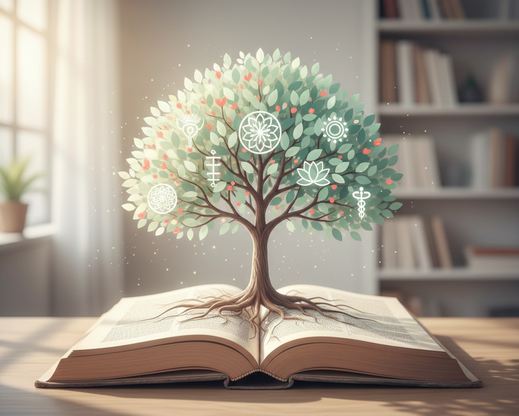 Illustration lumineuse des origines de la sophrologie : un arbre de vie s'élevant d'un livre ouvert, symbolisant la croissance et l'équilibre - Gaëlle Pagès, sophrologue.
