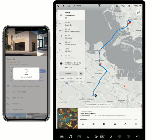 Afbeelding van Tesla App die route verstuurt naar de Tesla auto