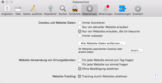 Safari > Einstellungen > Datenschutz