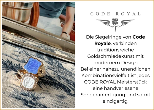 Die Siegelringe von Code Royale, verbinden traditionsreiche Goldschmiedekunst mit modernem Design Bei einer nahezu unendlichen Kombinationsvielfalt ist jedes CODE ROYAL Meisterstück eine handverlesene Sonderanfertigung und somit einzigartig.