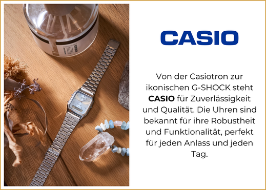 Von der Casiotron zur ikonischen G-SHOCK steht CASIO für Zuverlässigkeit und Qualität. Die Uhren sind bekannt für ihre Robustheit und Funktionalität, perfekt für jeden Anlass und jeden Tag.