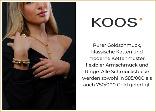 Purer Goldschmuck, klassische Ketten und moderne Kettenmuster, flexibler Armschmuck und Ringe. Alle Schmuckstücke werden sowohl in 585/000 als auch 750/000 Gold gefertigt.