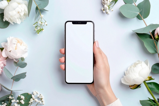 片手でスマートフォンを持つ。ニット姿の女性の指先。バラ、カスミソウ、ユーカリの小枝。