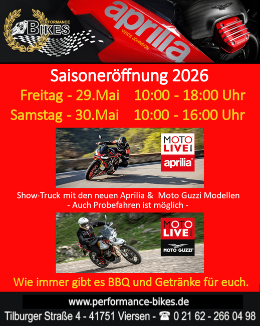 Performance Bikes Aprilia & Moto Guzzi Saisoneröffnung 2026, vom 29. bis zum 30.Mai