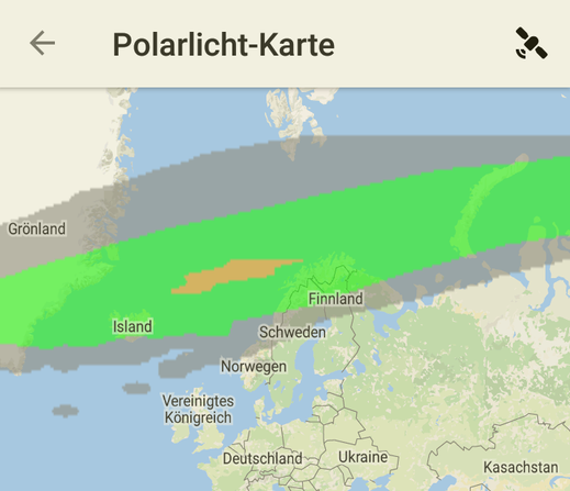 Screenshot einer App für Polarlichter vom 3.9.2016 um 0.40 Uhr 