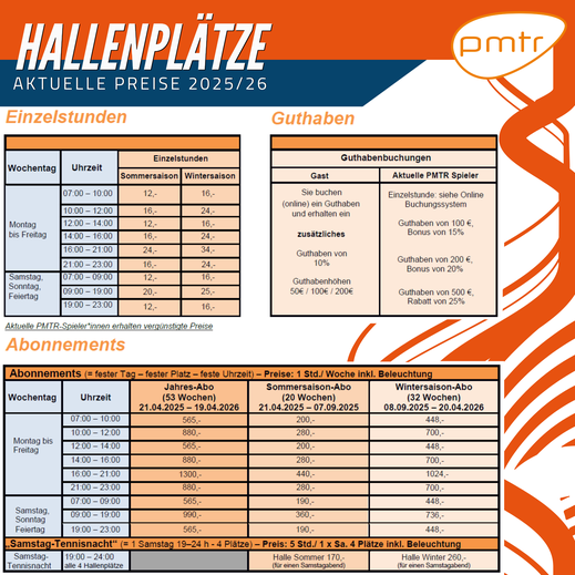 Aktuelle Preisliste für Hallenplätze Winter 25/26