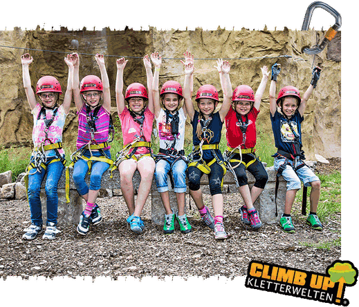 Schulklasse im Kletterpark Strausberg: Kinder mit Helmen und Gurten sitzen nebeneinander und jubeln vor der Felswand