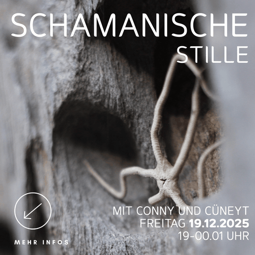 „Plakat ‚Schamanische Stille‘ mit Nahaufnahme von grauer Holzstruktur und Wurzelgeflecht. Veranstaltung mit Conny und Cüneyt am 19.12.2025 von 19 bis 00.01 Uhr