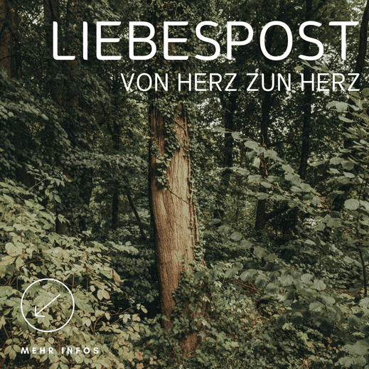Ein dichter, grüner Wald mit einem Baum im Zentrum – Symbol für natürliche Verbundenheit. Text: „Liebespost – Worte, die berühren – von Herz zu Herz“