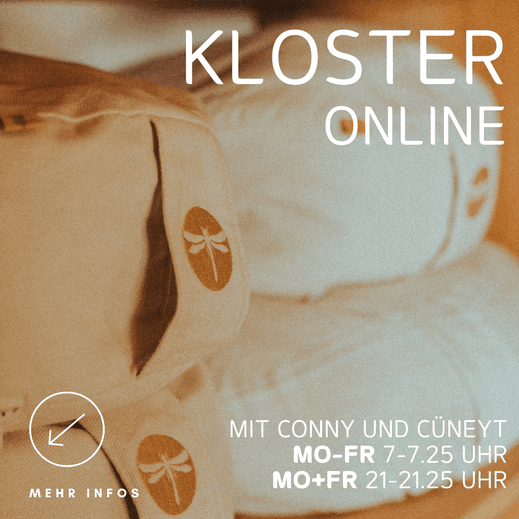 Plakat ‚Kloster Online‘ mit Detailaufnahme von weißen Meditationskissen mit Libellen-Logo. Text informiert über Online-Sessions mit Conny und Cüneyt, morgens und abends von Montag bis Freitag.