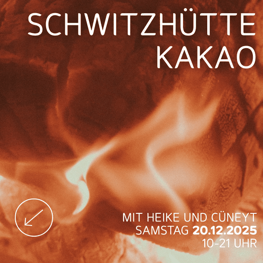 Plakat ‚Schwitzhütte Kakao‘ mit Flammenmotiv, Event am 20.12.2025 mit Heike und Cüneyt