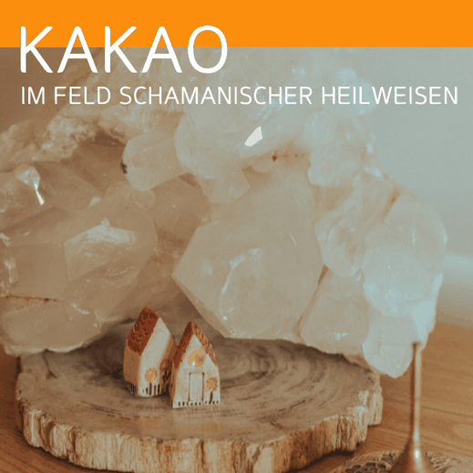 Plakat ‚Kakao im Feld schamanischer Heilweisen‘ mit Kristallen und zwei Miniaturhäusern auf Holzscheibe