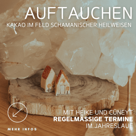 Plakat ‚Auftauchen – Kakao im Feld schamanischer Heilweisen‘ mit Kristallen und Miniaturhäusern auf Holz