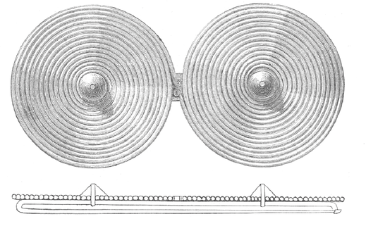 Fig. 926. Bronze. Found in Southern Italy. Spiral- and disc fibulae (Spectacle Fibulae).