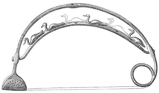 Fig. 122. Colossal fibula with a large, short pin catch, decorated with embossed points. The bow is divided into two strands, with six birds (two missing) as decoration. Find spot: Monte San Primo.