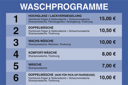 Übersicht der Waschprogramme bei Autohaus Kipp  in Bad Pyrmont