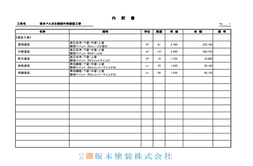 提出お見積書3枚目。塗装工事の詳細内容を記載させて頂きます。屋根塗装・外壁塗装等部位ごとに大きさや単価、小計の金額を記載させて頂きます。