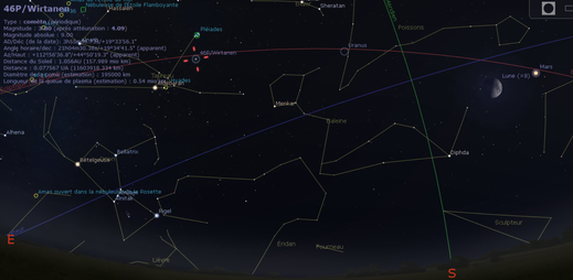 46P/Wirtanen le 15 décembre à 20h30, proche des Pleiades